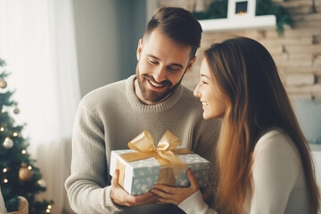 Merry christmas: couple in sweaters with gift box