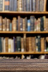 Canvas Print - Wooden empty desk on library with bookshelf background