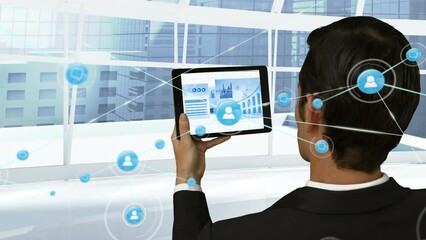 Poster - Animation of network of digital icons over rear view of caucasian businessman using tablet at office