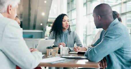 Poster - Leader, meeting and business woman with team talking about corporate company strategy and communication. Conversation, group and employees speaking together for development of office and planning