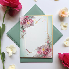 Poster - Beautiful flowers and card on white background. Flat lay, top view