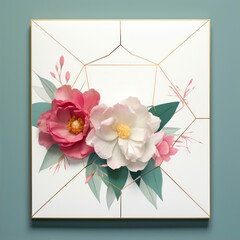 Poster - Flowers composition. Elegant greeting card with peony, rose, eucalyptus, leaves. Floral frame.