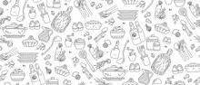 Vegetables And Kitchenware On White Background Seamless Pattern