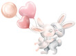 Cute two rabbits hugs and kissing  with balloons, love of white bunny family, cartoon couple wedding hares for Valentines day card, wedding invitation, birthday postcard