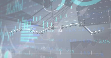 Poster - Animation of statistical and stock market data processing against low angle view of tall buildings