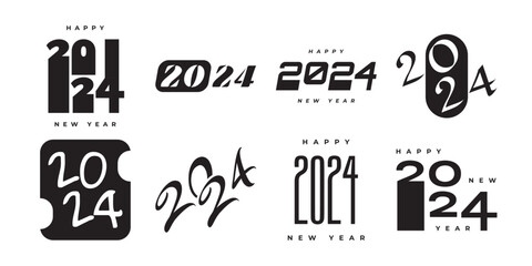 Wall Mural - Set of 2024 Happy New Year Logo Text Design. 2024 Numbers or Labels with Black Color Isolated on White Background. New Year Symbol