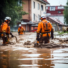 Rescuers On The Flooding Street. Ai Generation.
