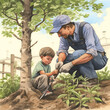 © SuperGlück - Father and son in the garden. Illustration. Ai generation.