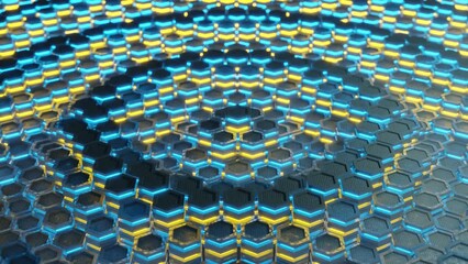 Poster - loop 3d animation of an abstract background from a variety of vertically moving hexagonal metal stru