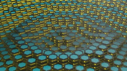 Poster - loop 3d animation of a futuristic background of many metal hexagons in motion. honeycombs, cells glo