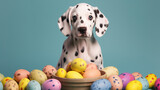 Fototapeta Zwierzęta - Dalmatian puppy with Easter eggs 