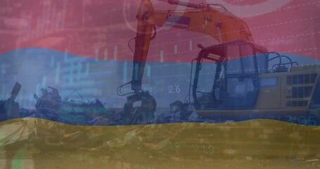 Poster - Animation of infographic interface and flag of armenia over crane at junkyard