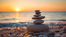 Stones Pyramid On Sand Symbolizing Zen  Harmony  Balance