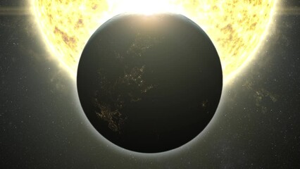 Poster - A captivating motion graphic visuals of planet Earth passing the Sun causing an eclipse that partially obscuring the solar brilliance