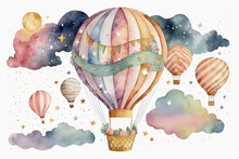 Generative AI. Watercolor Air Balloon With Basket And Pennants. Hand Painted Vector Illustration For Children Design In Cartoon Style. Vintage Aircraft With Hot Air For Icon Or Logo In Pastel 