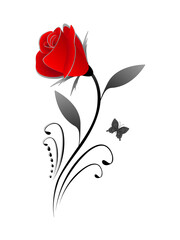 Wall Mural - Red rose with black leaves and a butterfly on a white background.