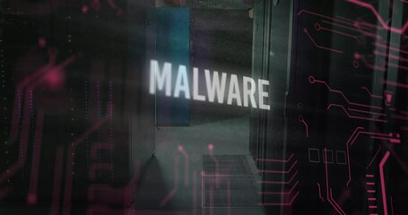 Poster - animation of malware text in circuit board pattern over server room in background
