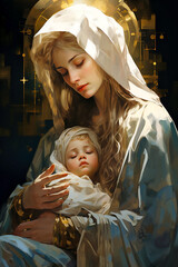 Wall Mural -  Holy Mary holding baby Jesus Christ in her arms. Graphic representation. AI generativ.