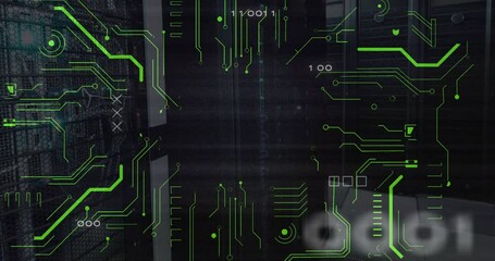 Poster - animation of binary codes and circuit board pattern over server room in background
