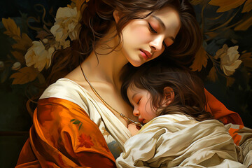 Wall Mural -  Holy Mary holding baby Jesus Christ in her arms. Graphic representation. AI generativ.