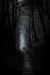 A scary night scene of a dark forest with a silhouette of a figure walking on a deserted path between the trees.