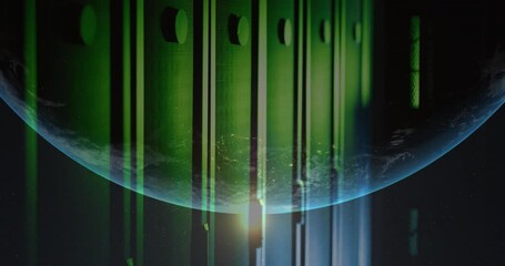 Poster - Animation of rotating globe and lens flare over server room in background