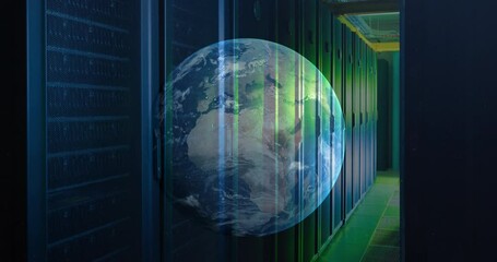 Poster - Animation of moving globe against server room in background