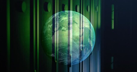 Poster - Animation of moving globe against server room in background