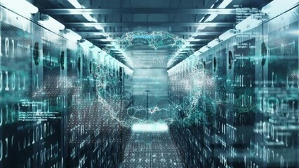 Animation of digital brain, computer language and binary codes over server room