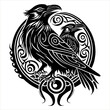 Two ravens, silhouette, tribal art, Odin birds, Hugin and Munin, Celtic, Norse, viking, black vector graphic isolated on white background
