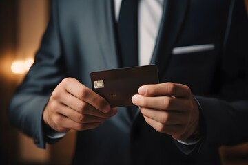 Wall Mural - A hand confidently holding a credit card with luxury branded shopping bags in the background, reflecting the spending power that comes with wealt