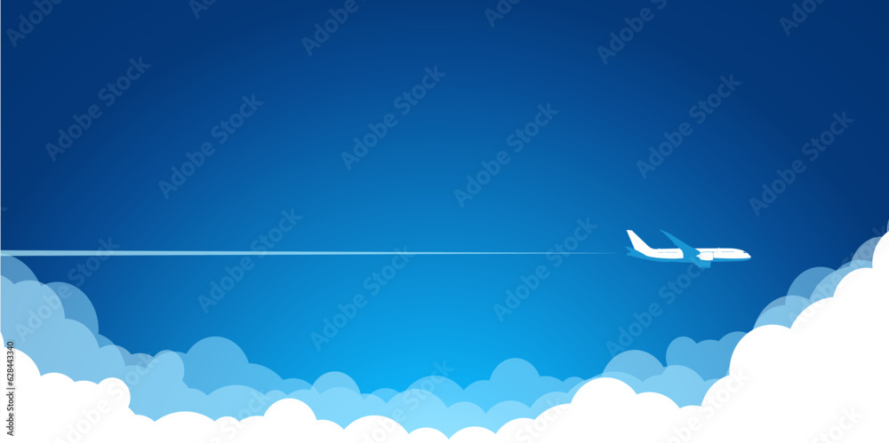White plane in the blue sky flying above the clouds. Vector background ...