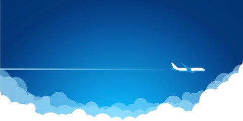 white plane in the blue sky flying above the clouds. vector background template for web page header