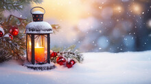 Christmas Lantern On Snow With Fir Branch In The Blur Forest. Blurred Bokeh Background. Winter Decoration Wallpaper.