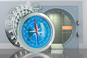 Poster - compass with opened bank vault, 3d rendering