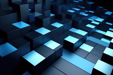 Modern Architecture Inspired: Tetris Cube Wallpaper in Blue & Black with Paper Elements & Light Accents
