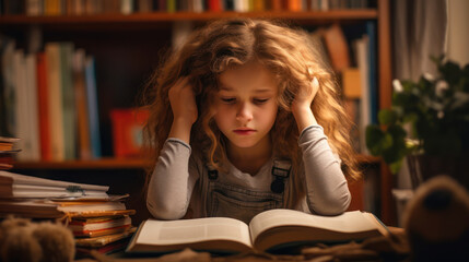 Little 8-year-old sad girl struggling with homework, having reading difficulties