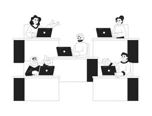 Poster - Multiracial people at office 2D vector monochrome isolated spot illustrations. Workers sitting at desks flat hand drawn characters on white background. Office work editable outline cartoon scene