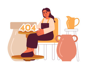 Poster - pottery class error 404 flash message. indian woman near pottery wheel. empty state ui design. page 
