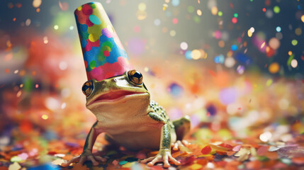 happy frog smiling wearing hat birthday concept with flying colorful confetti