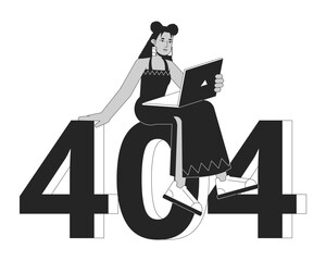 Fototapete - Busy hispanic freelancer black white error 404 flash message. Remote work on laptop. Monochrome empty state ui design. Page not found popup cartoon image. Vector flat outline illustration concept