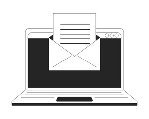 Poster - Email on laptop flat monochrome isolated vector object. Virtual communication. Editable black and white line art drawing. Simple outline spot illustration for web graphic design