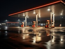 Gas Station At Night, Close-up Of A Gas Station With No One At Night, Design Drawing Of A Gas Station,
