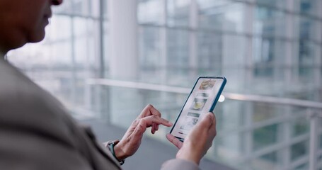 Poster - Hands, phone and online shopping for food in office with scroll, screen and choice for nutrition at lunch. Business woman, smartphone and mobile app ux for restaurant, digital menu and click for diet
