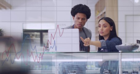 Poster - Animation of data processing over diverse waiter and waitress discussing over a laptop at a cafe