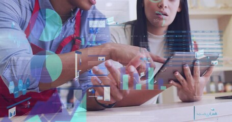 Poster - Animation of data processing over diverse waiter and waitress discussing over a tablet at a cafe
