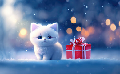 Poster - Christmas decoration with a cute white kitten and a gift in the snow in a winter park with Christmas lights. AI generated.