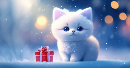 Poster - Christmas decoration with a cute white kitten and a gift in the snow in a winter park with Christmas lights. AI generated.