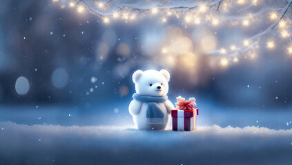 Poster - Christmas decoration with a cute polar bear cub and gifts in the snow in a winter park with Christmas lights. AI generated.
