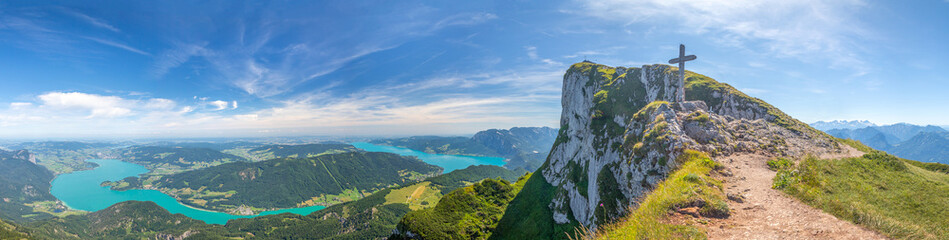 landscape with top of Mount Schafberg with cross and mountains and Lake Mondsee and Attersee, Alps, Austria